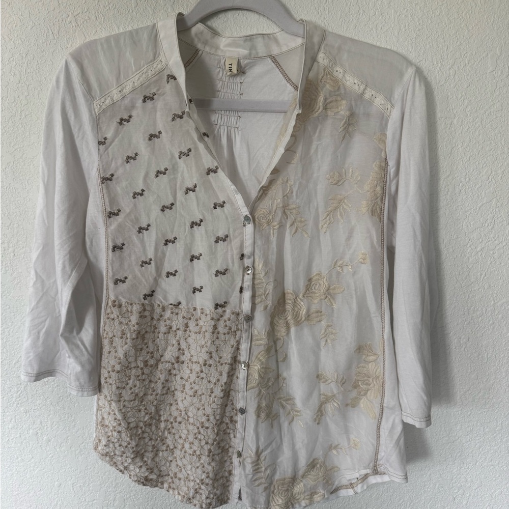 Anthropologie Tiny White and Cream Patchwork Blouse